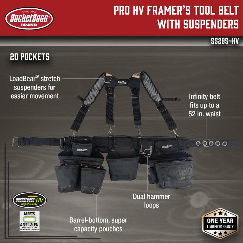BUCKET BOSS 3-Bag 17-Pocket Professional High Visibility Framers Work Tool Belt Tool Storage Suspension Rig with Suspenders in Black - 55285-HV