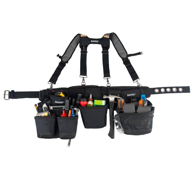BUCKET BOSS 3-Bag 17-Pocket Professional High Visibility Framers Work Tool Belt Tool Storage Suspension Rig with Suspenders in Black - 55285-HV