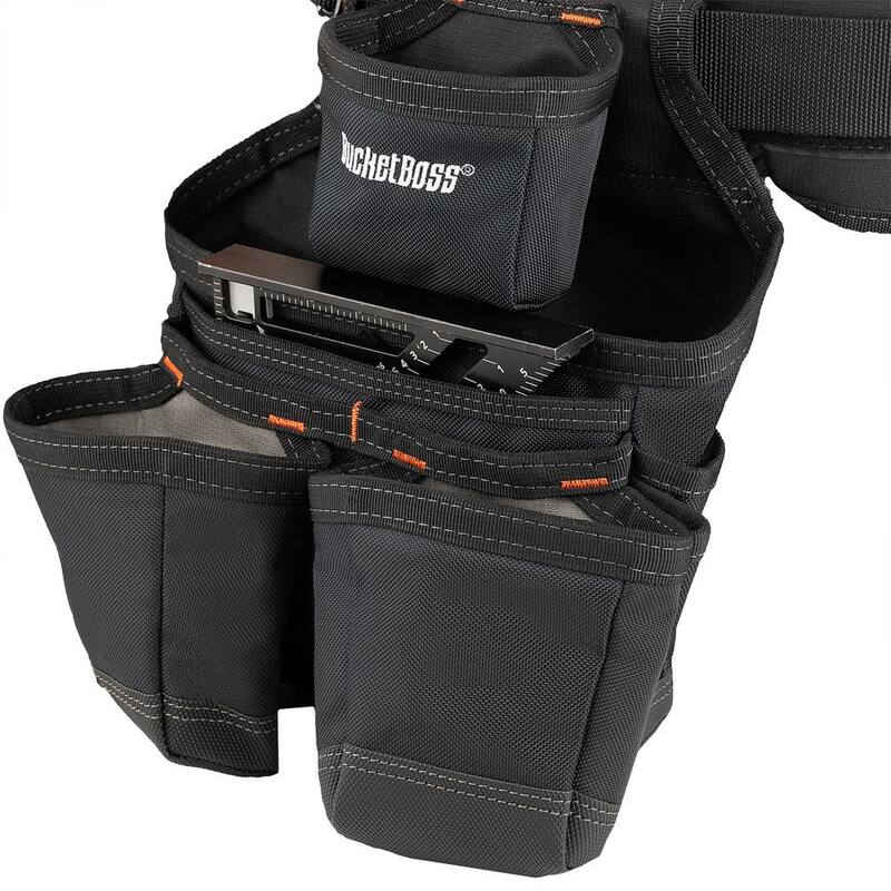 BUCKET BOSS 3-Bag 17-Pocket Professional High Visibility Framers Work Tool Belt Tool Storage Suspension Rig with Suspenders in Black - 55285-HV