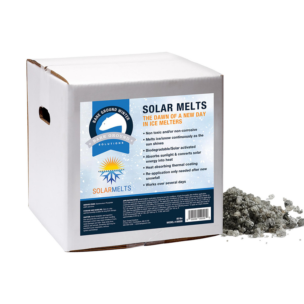Bare Ground Solutions The dawn of a new day in ice melters. Bare Ground has applied a new revolutionary nano technology to winter ice melt. The special heat absorbing thermal coating works continuously as the sun shines to convert solar energy (sunshine) into heat. This new biodegradable, non toxic, non corrosive and non staining ice melter will continue to work over several days as the sun shines. Re-application is only necessary after a new snowfall - BGSM-40