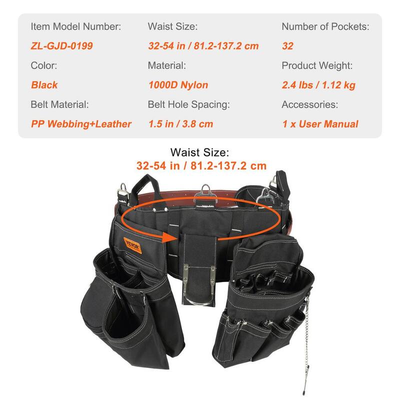 VEVOR Black Tool Belt 32 Pockets Nylon Heavy Duty Tool Pouch Bag for Electrician, Carpenter, Handyman, Woodworker - SJSGJYDHSNL0SHI5TV0