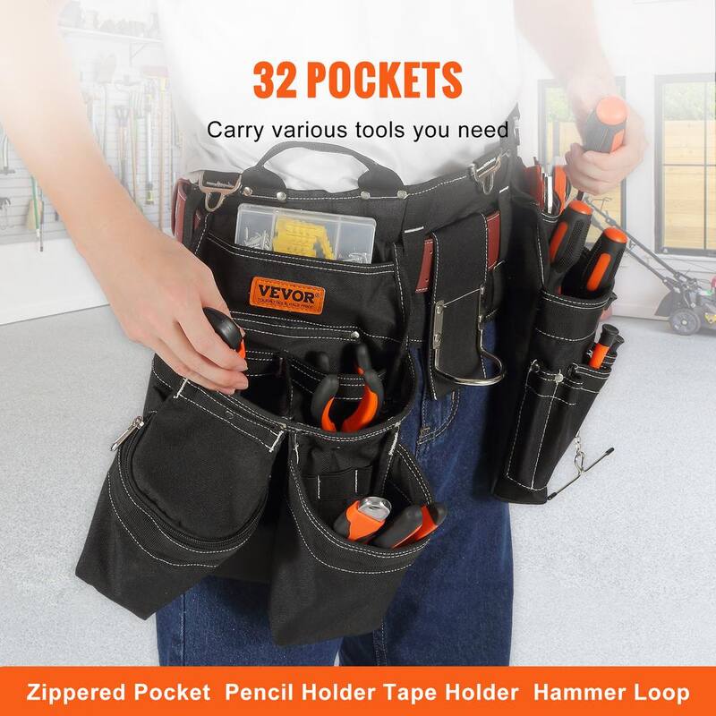 VEVOR Black Tool Belt 32 Pockets Nylon Heavy Duty Tool Pouch Bag for Electrician, Carpenter, Handyman, Woodworker - SJSGJYDHSNL0SHI5TV0