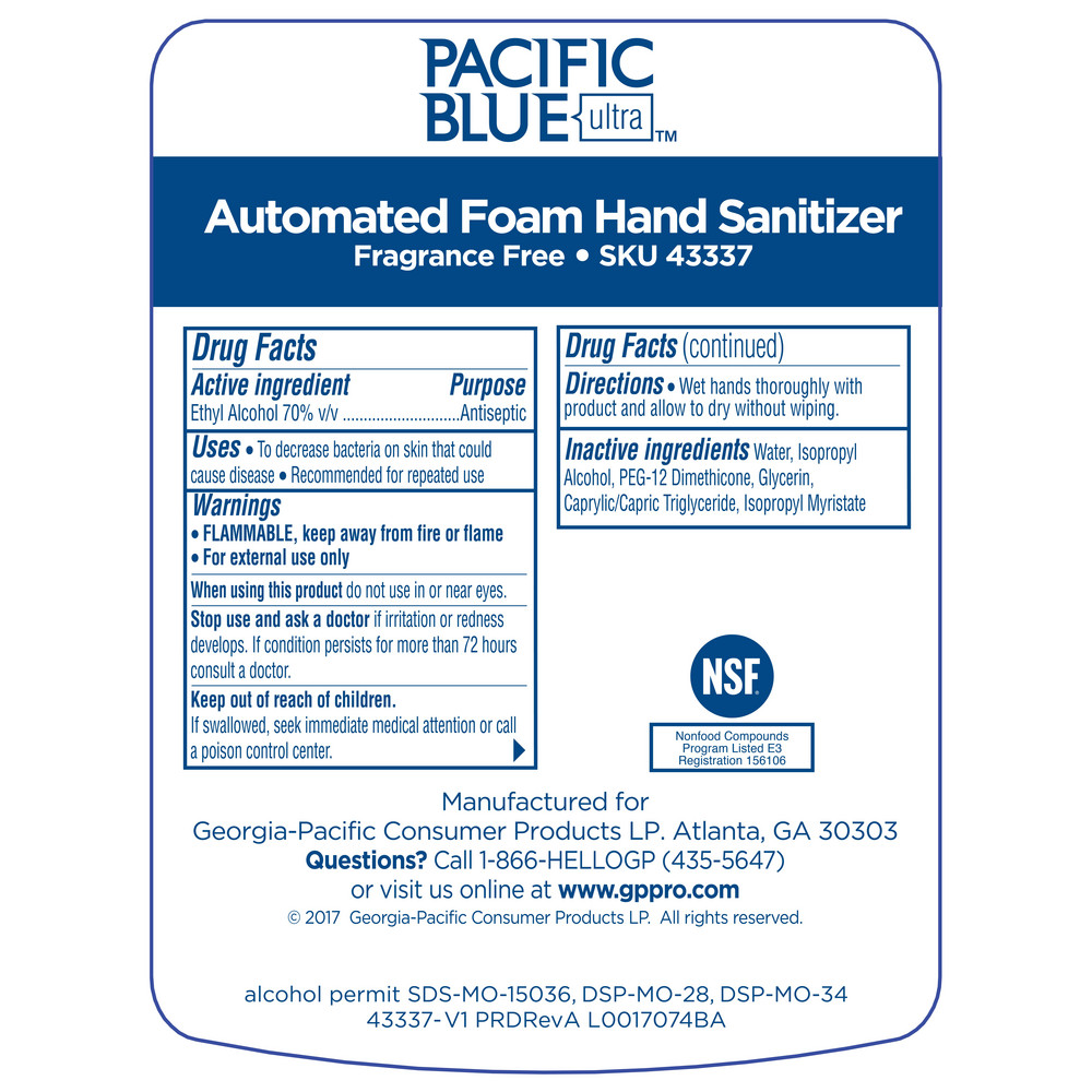 Georgia Pacific Pacific Blue Ultra Foam Sanitizer Refills For Automated Touchless Soap/Sanitizer Dispenser, Dye & Fragrance Free - 43337