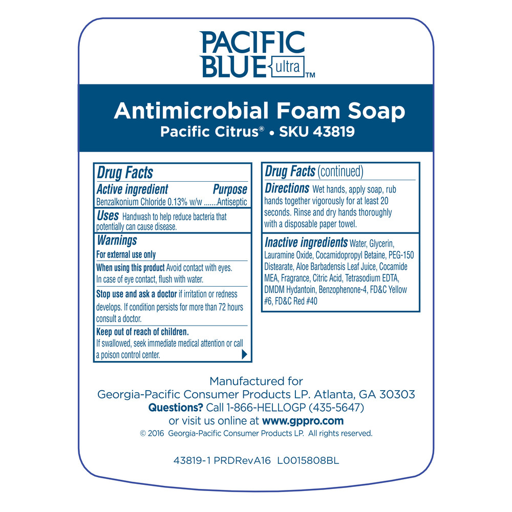 Georgia Pacific Pacific Blue Ultra Antimicrobial Bzk Foam Soap Dispenser Refills For Manual Dispensers, Antimicrobial Pacific Citrus - 43819