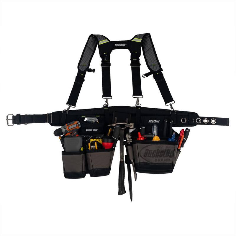BUCKET BOSS 2 Bag 19-Pocket Professional High Visibility Contractor's Work Tool Belt Tool Storage Suspension Rig with Suspenders - 55205-HV