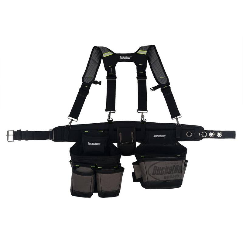 BUCKET BOSS 2 Bag 19-Pocket Professional High Visibility Contractor's Work Tool Belt Tool Storage Suspension Rig with Suspenders - 55205-HV