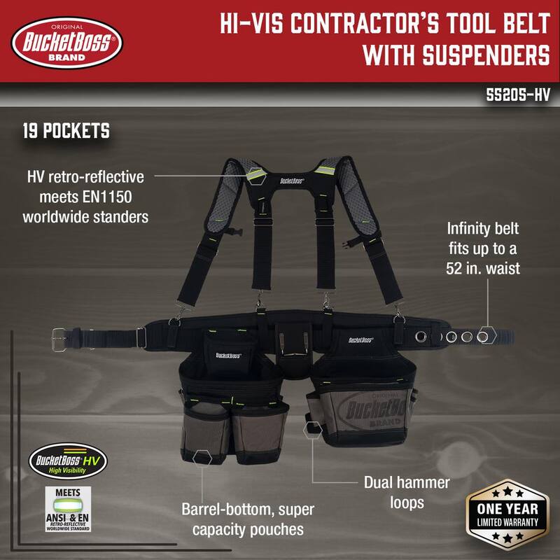 BUCKET BOSS 2 Bag 19-Pocket Professional High Visibility Contractor's Work Tool Belt Tool Storage Suspension Rig with Suspenders - 55205-HV