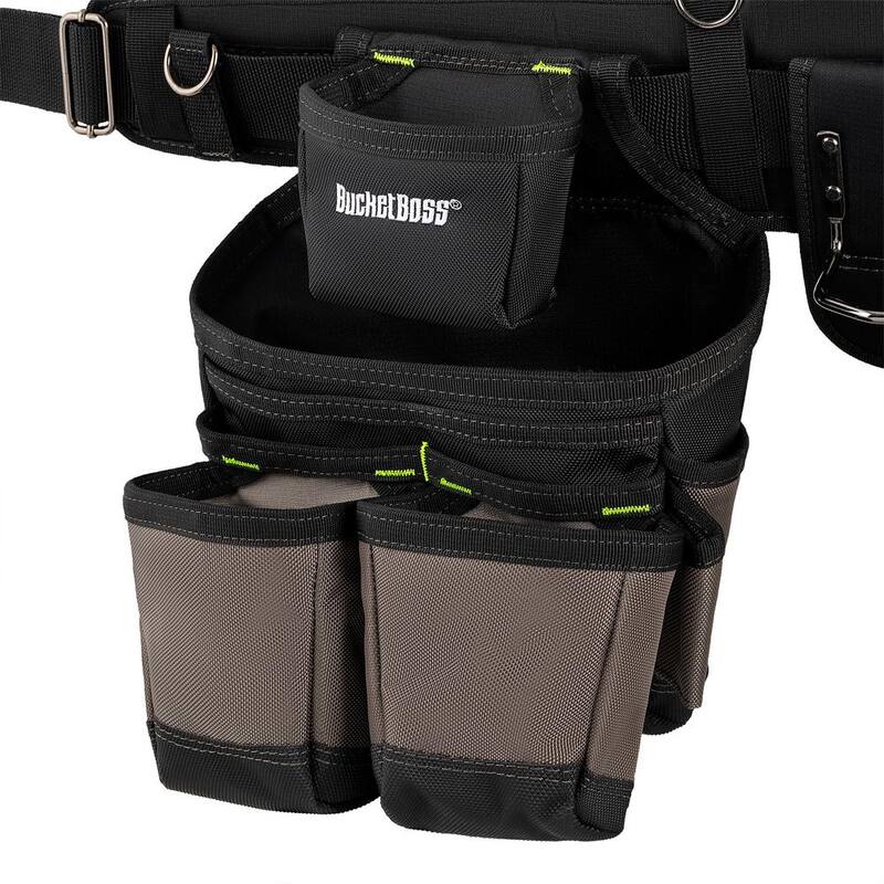 BUCKET BOSS 2 Bag 19-Pocket Professional High Visibility Contractor's Work Tool Belt Tool Storage Suspension Rig with Suspenders - 55205-HV