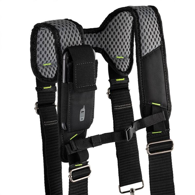 BUCKET BOSS 2 Bag 19-Pocket Professional High Visibility Contractor's Work Tool Belt Tool Storage Suspension Rig with Suspenders - 55205-HV