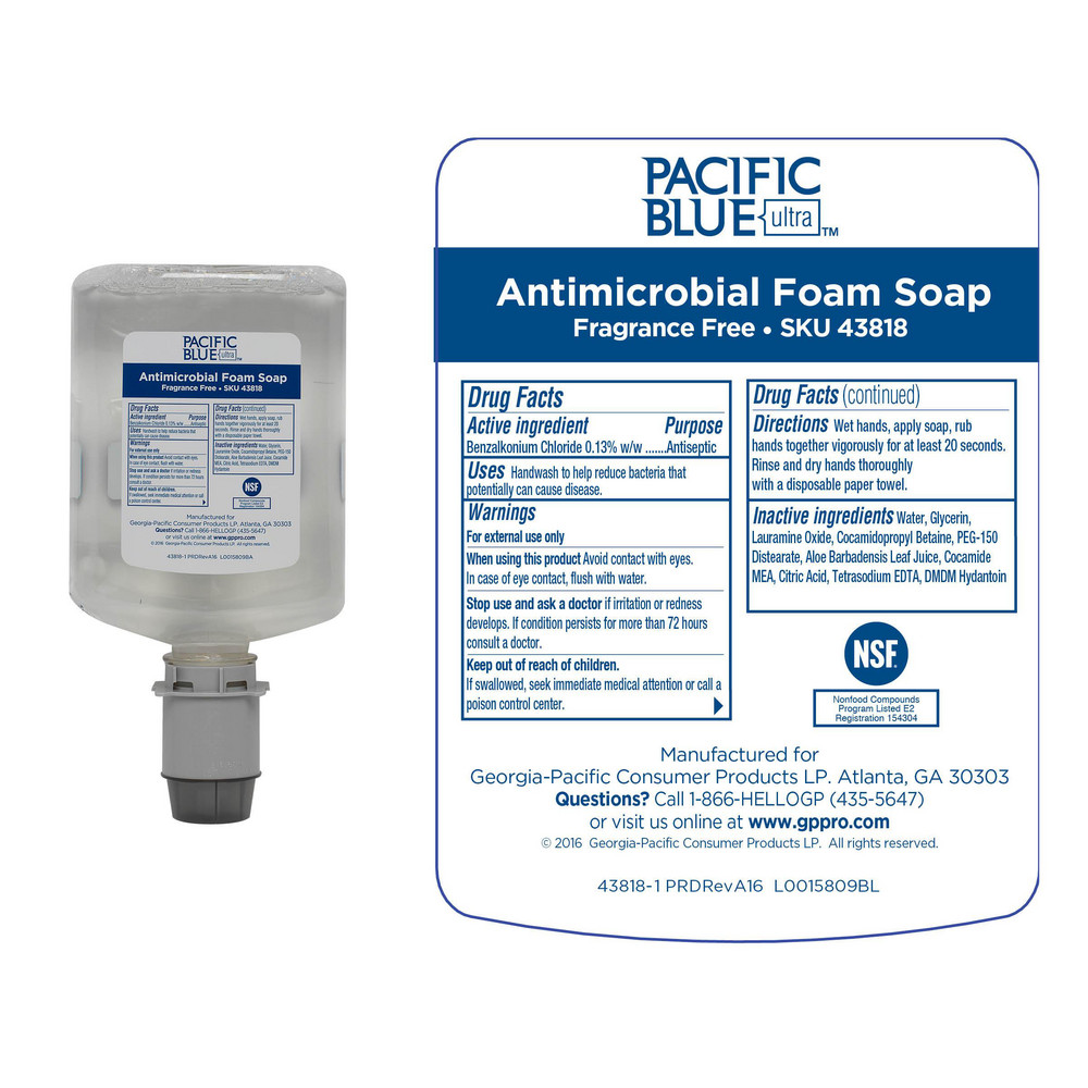 Georgia Pacific Pacific Blue Ultra Antimicrobial Foam Hand Soap Refills For Manual Dispensers, Dye- & Fragrance-Free - 43818