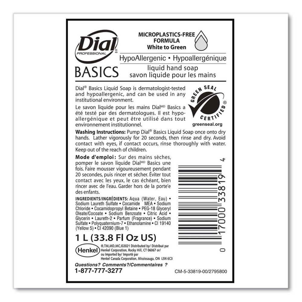 Dial Basics MP Free Liquid Hand Soap Refill, Unscented, 1 L, 8/Carton - DIA33821