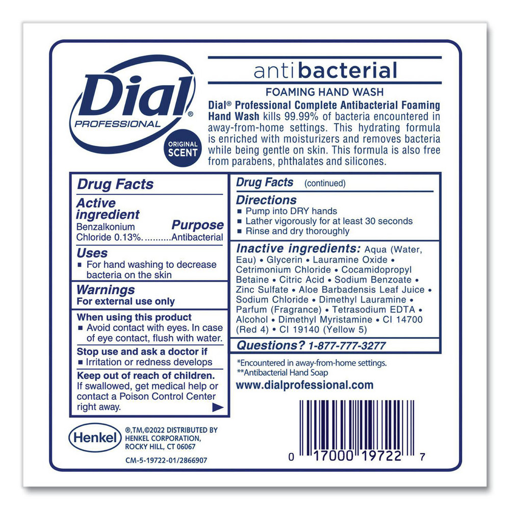 Dial Antibacterial Foaming Hand Wash Refill for 1700 V Dispenser, Original Scent, 1.7 L, 3/Carton - DIA19723