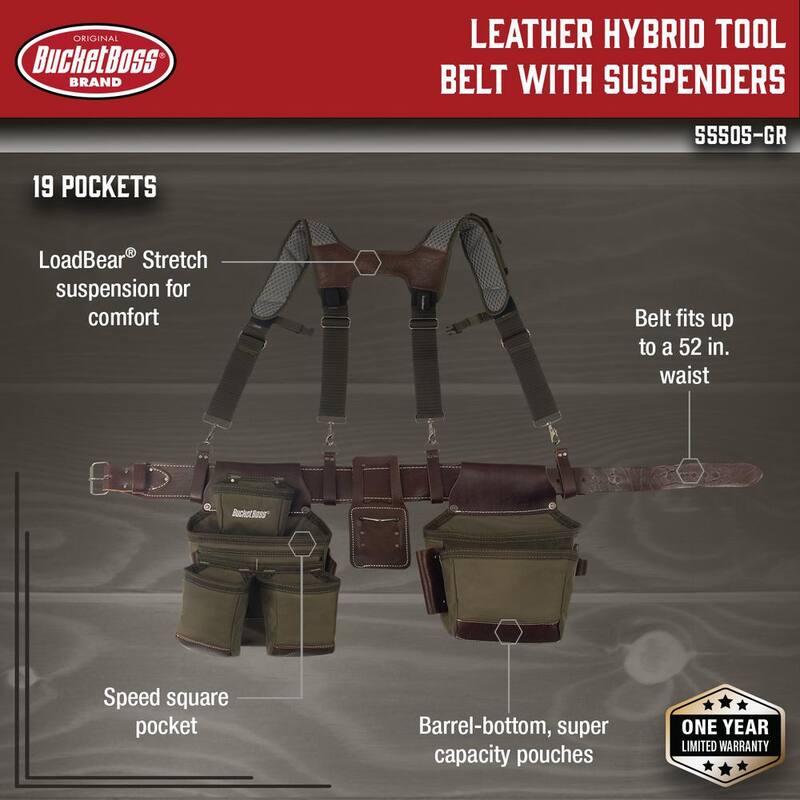BUCKET BOSS 2-Bag Hybrid Suspension Rig Work Tool Belt with Suspenders in Green - 55505-GR