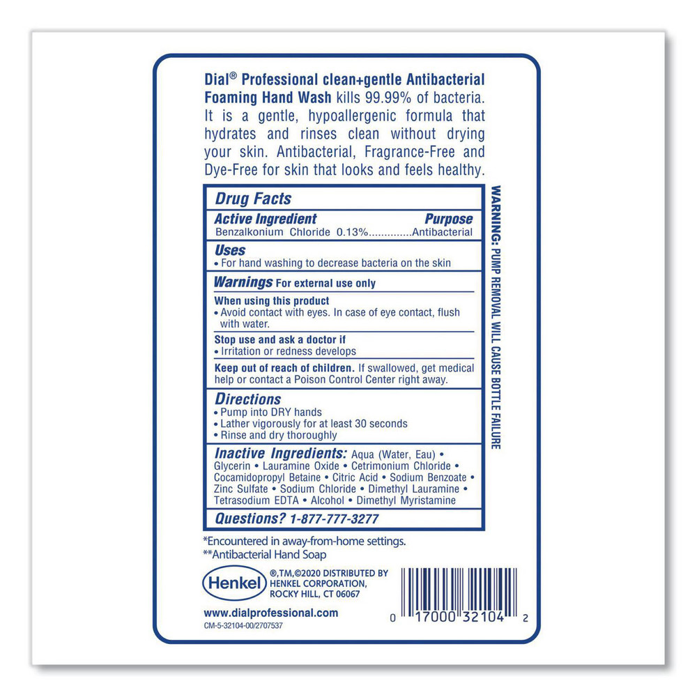 Dial Clean+Gentle Antibacterial Foaming Hand Wash Refill for FIT Touch Free Dispenser, Fragrance-Free, 1 L, 3/Carton - DIA32106CT