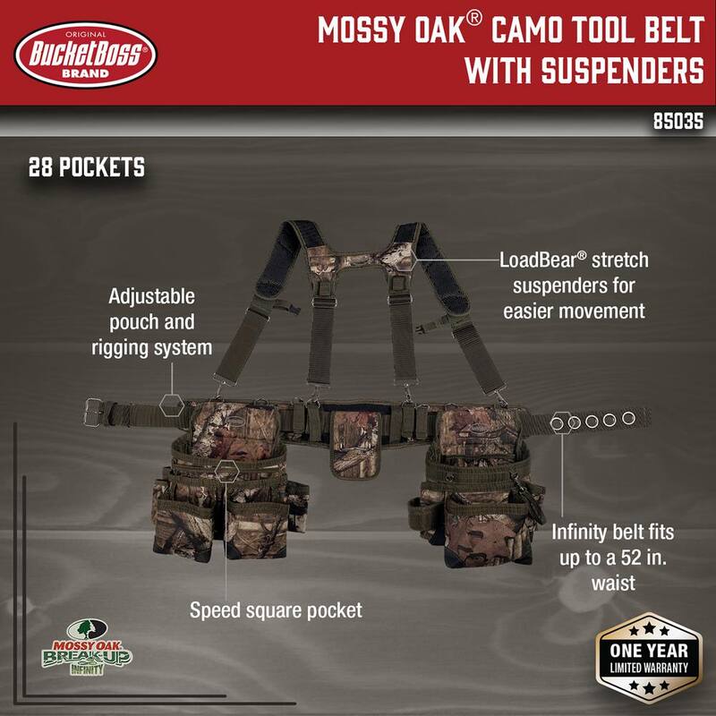 BUCKET BOSS Mossy Oak Camo Adjustable Tool Belt with Suspenders - 85035