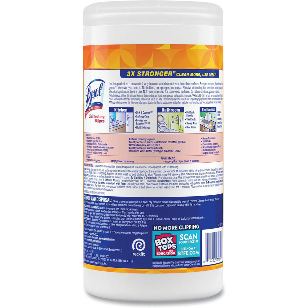 Lysol Disinfecting Wipes, 1-Ply, 7 x 7.25, Mango and Hibiscus, White, 80 Wipes/Canister - RAC97181EA