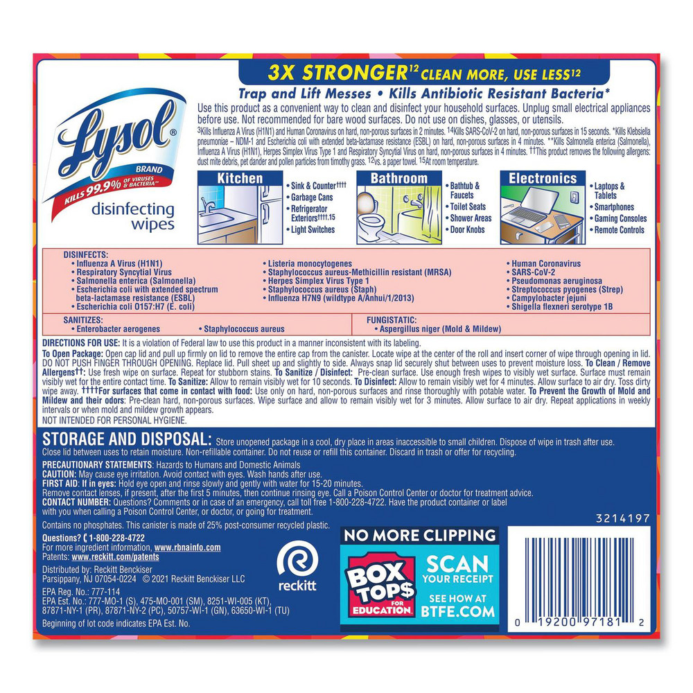 Lysol Disinfecting Wipes, 1-Ply, 7 x 7.25, Mango and Hibiscus, White, 80 Wipes/Canister - RAC97181EA