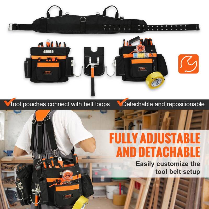 VEVOR Tool Belt with Suspenders 29-Pockets 600D Polyester Heavy-Duty Carpenter Tool Pouch with 29-54 in. Adjustable Waist Size - GJDDDLCGK000ZUFP8V0