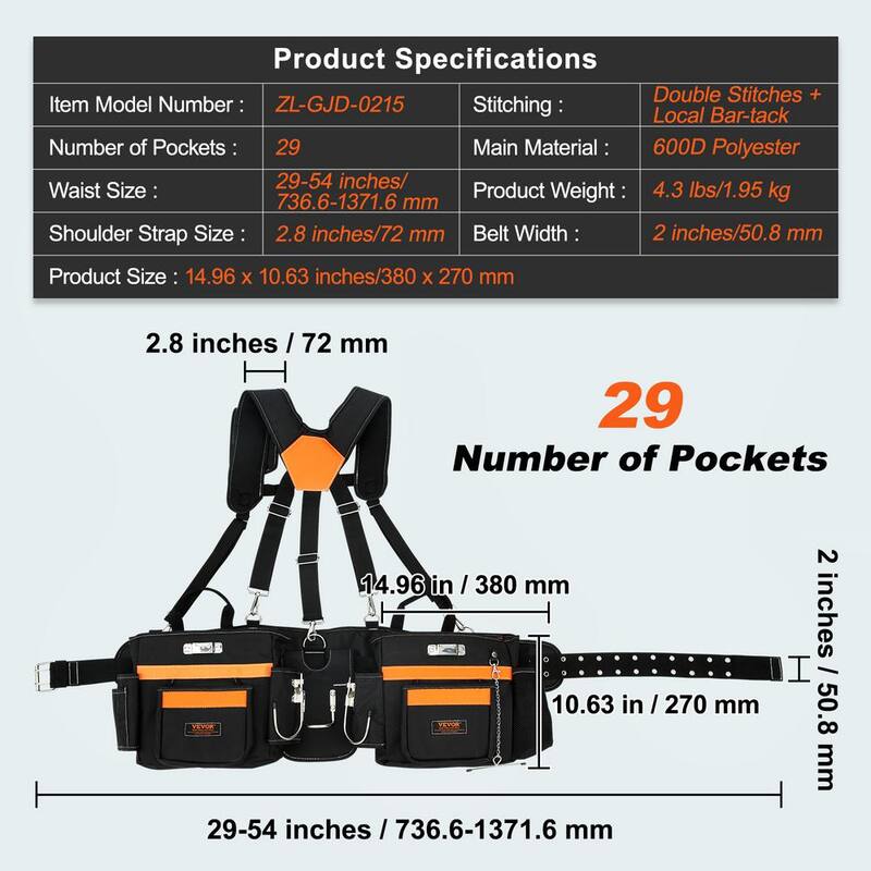 VEVOR Tool Belt with Suspenders 29-Pockets 600D Polyester Heavy-Duty Carpenter Tool Pouch with 29-54 in. Adjustable Waist Size - GJDDDLCGK000ZUFP8V0