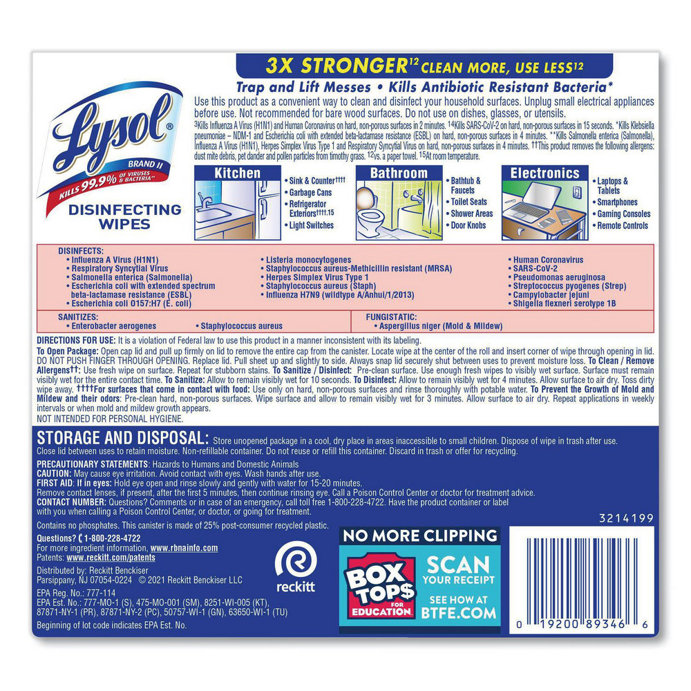 Lysol Disinfecting Wipes, 1-Ply, 7 x 7.25, Crisp Linen, White, 80 Wipes/Canister - RAC89346