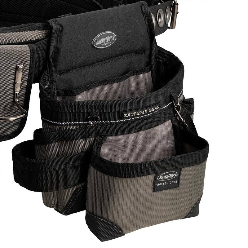 BUCKET BOSS 3-Bag Mullet Buster Adjustable Tool Belt Tool Storage Suspension Rig with Suspenders and 29-Pockets in Grey - 55135