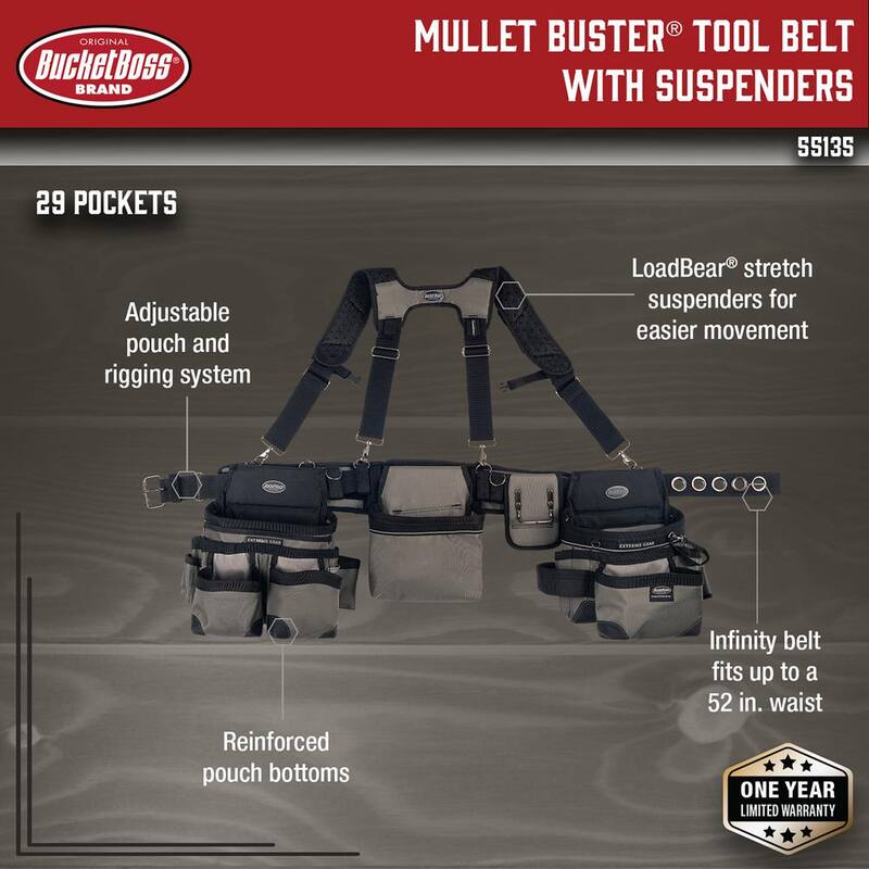 BUCKET BOSS 3-Bag Mullet Buster Adjustable Tool Belt Tool Storage Suspension Rig with Suspenders and 29-Pockets in Grey - 55135