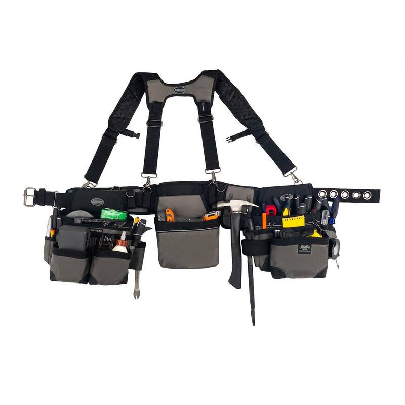BUCKET BOSS 3-Bag Mullet Buster Adjustable Tool Belt Tool Storage Suspension Rig with Suspenders and 29-Pockets in Grey - 55135
