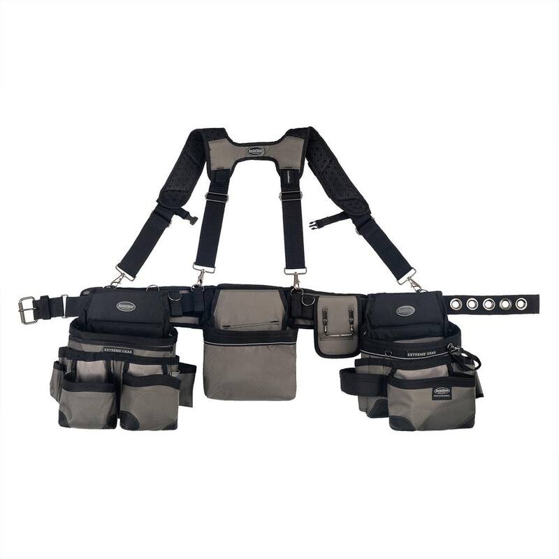 BUCKET BOSS 3-Bag Mullet Buster Adjustable Tool Belt Tool Storage Suspension Rig with Suspenders and 29-Pockets in Grey - 55135