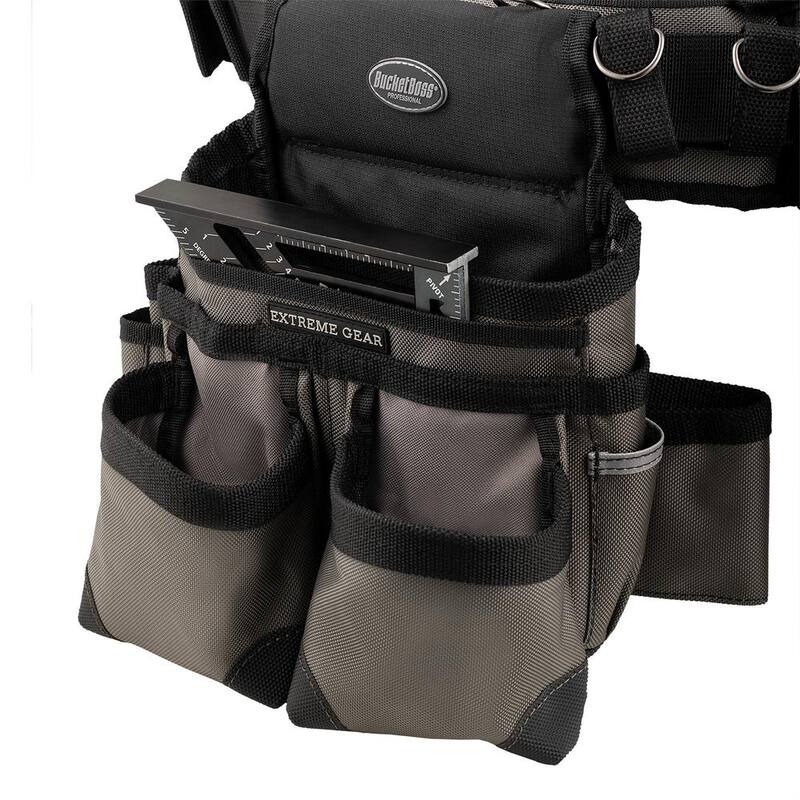 BUCKET BOSS 3-Bag Mullet Buster Adjustable Tool Belt Tool Storage Suspension Rig with Suspenders and 29-Pockets in Grey - 55135