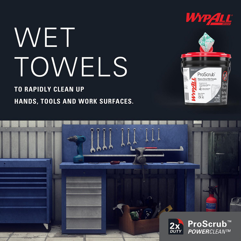 WypAll PowerClean ProScrub Heavy Duty Wet Towels, Dual Action Cleaning, Large 9.5" x 12" Wipes, Bucket Included - 91371