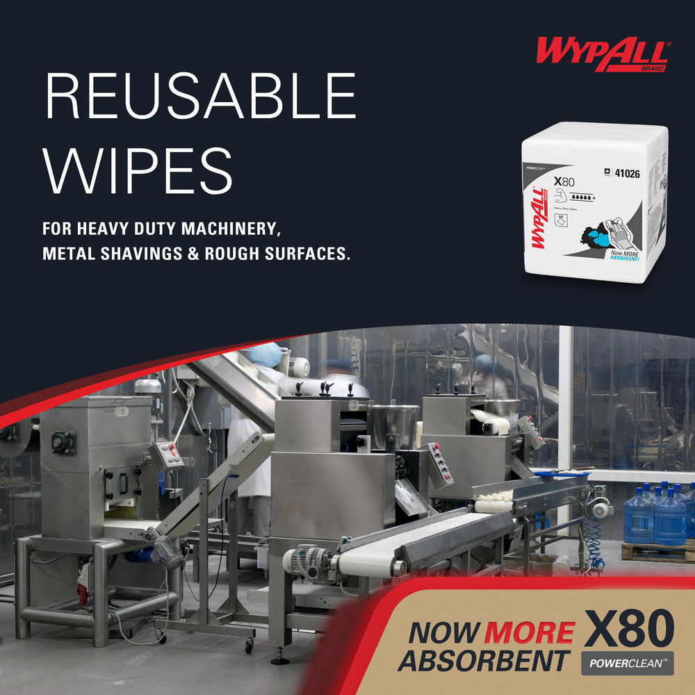 WypAll PowerClean™ X80 Heavy Duty Cloths (41026), Quarterfold, Extended Use Towels, White - 41026