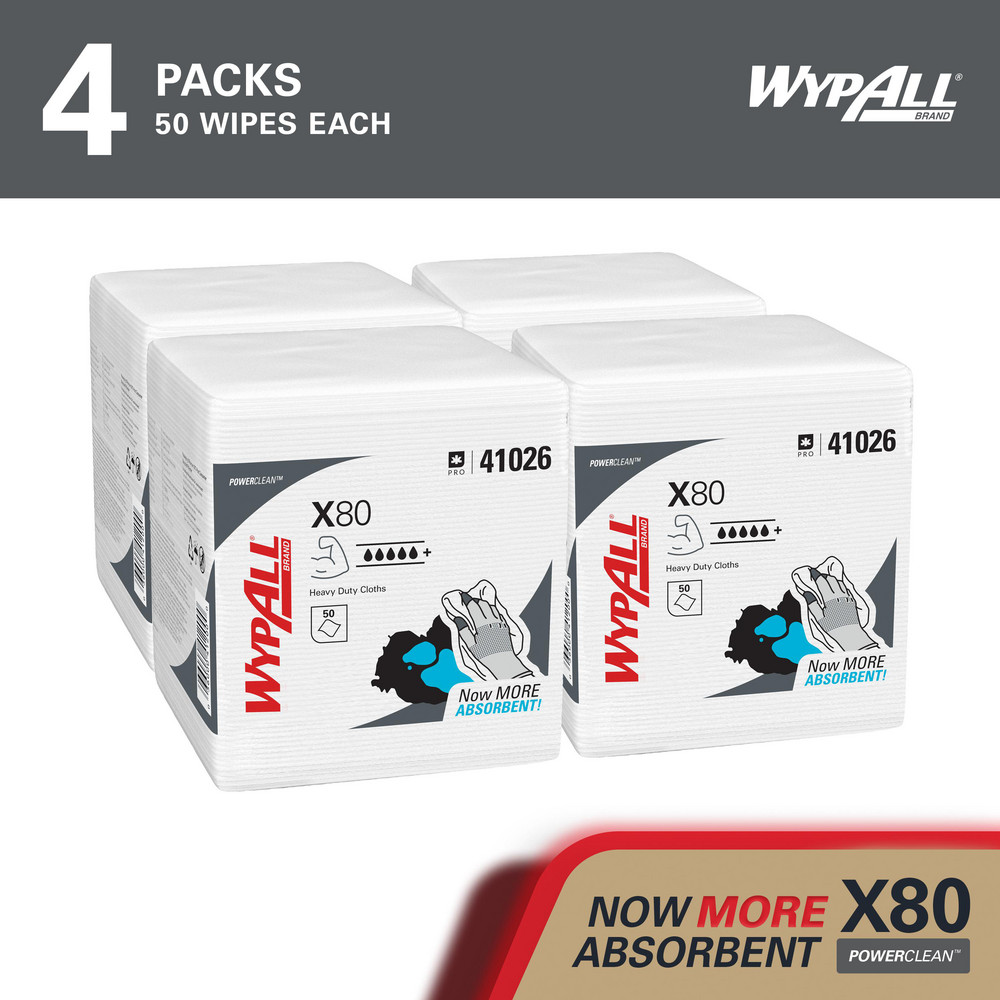 WypAll PowerClean™ X80 Heavy Duty Cloths (41026), Quarterfold, Extended Use Towels, White - 41026