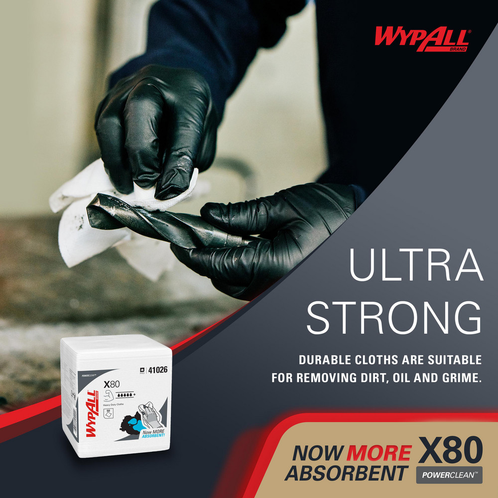 WypAll PowerClean™ X80 Heavy Duty Cloths (41026), Quarterfold, Extended Use Towels, White - 41026