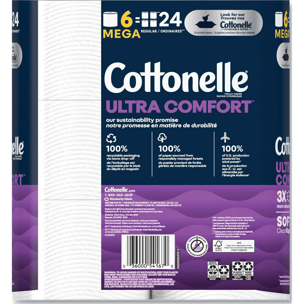 Cottonelle Ultra ComfortCare Toilet Paper, Soft Tissue, Mega Rolls, Septic Safe, 2-Ply, White, 284 Sheets/Roll, 6 Rolls/Pack, 6 Packs/Carton - KCM55707