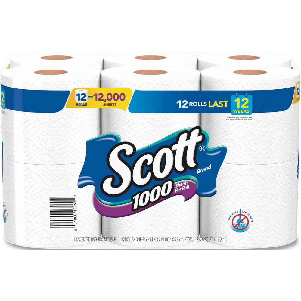 Scott 1000 Bathroom Tissue, Septic Safe, 1-Ply, White, 1,000 Sheets/Roll, 12 Rolls/Pack, 4 Pack/Carton - KCM10060