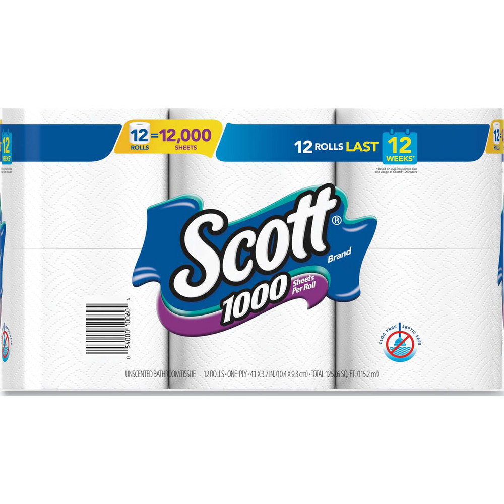 Scott 1000 Bathroom Tissue, Septic Safe, 1-Ply, White, 1,000 Sheets/Roll, 12 Rolls/Pack, 4 Pack/Carton - KCM10060