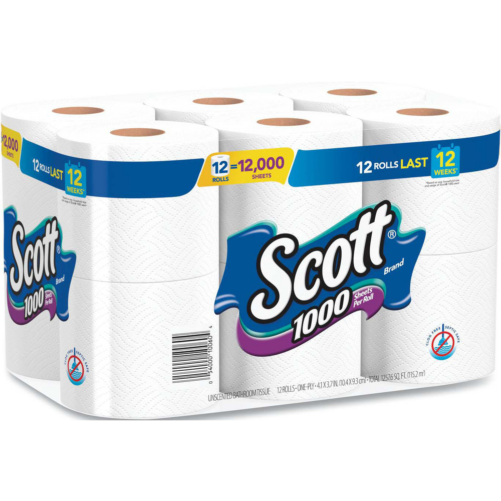 Scott 1000 Bathroom Tissue, Septic Safe, 1-Ply, White, 1,000 Sheets/Roll, 12 Rolls/Pack, 4 Pack/Carton - KCM10060