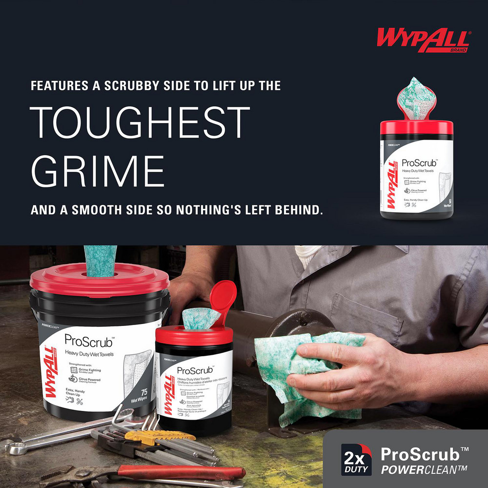 WypAll PowerClean ProScrub Heavy Duty Wet Towels, Dual Action Cleaning, Large 9.5" x 12" Wipes, Canister Included - 58310