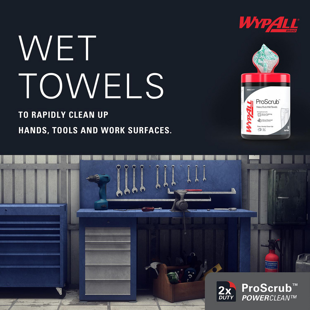 WypAll PowerClean ProScrub Heavy Duty Wet Towels, Dual Action Cleaning, Large 9.5" x 12" Wipes, Canister Included - 58310