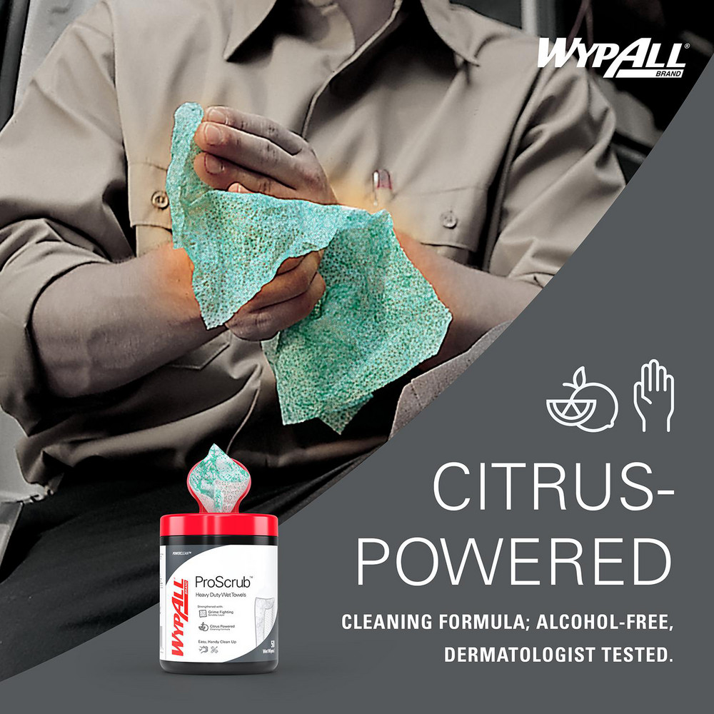WypAll PowerClean ProScrub Heavy Duty Wet Towels, Dual Action Cleaning, Large 9.5" x 12" Wipes, Canister Included - 58310