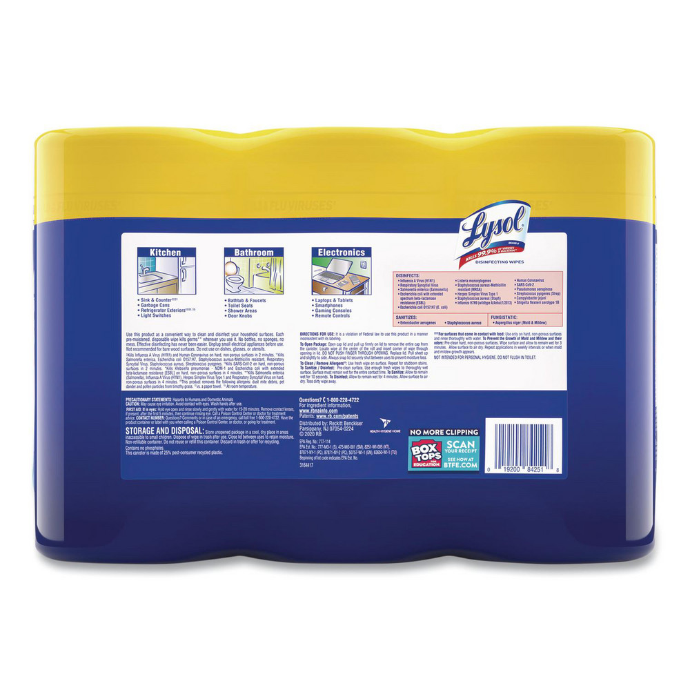Lysol Disinfecting Wipes, 1-Ply, 7 x 7.25, Lemon and Lime Blossom, White, 80 Wipes/Canister, 3 Canisters/Pack - RAC84251PK