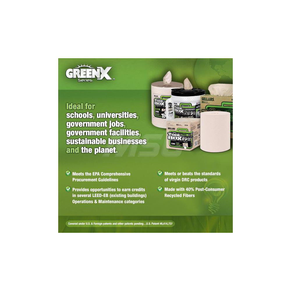 Sellars TOOLBOX Z400 GREENX Wipers: Dry, 200 Sheets/Roll, Big Grip Refill Center-Pull Roll, 12.0" x 10.0", Natural - 54200