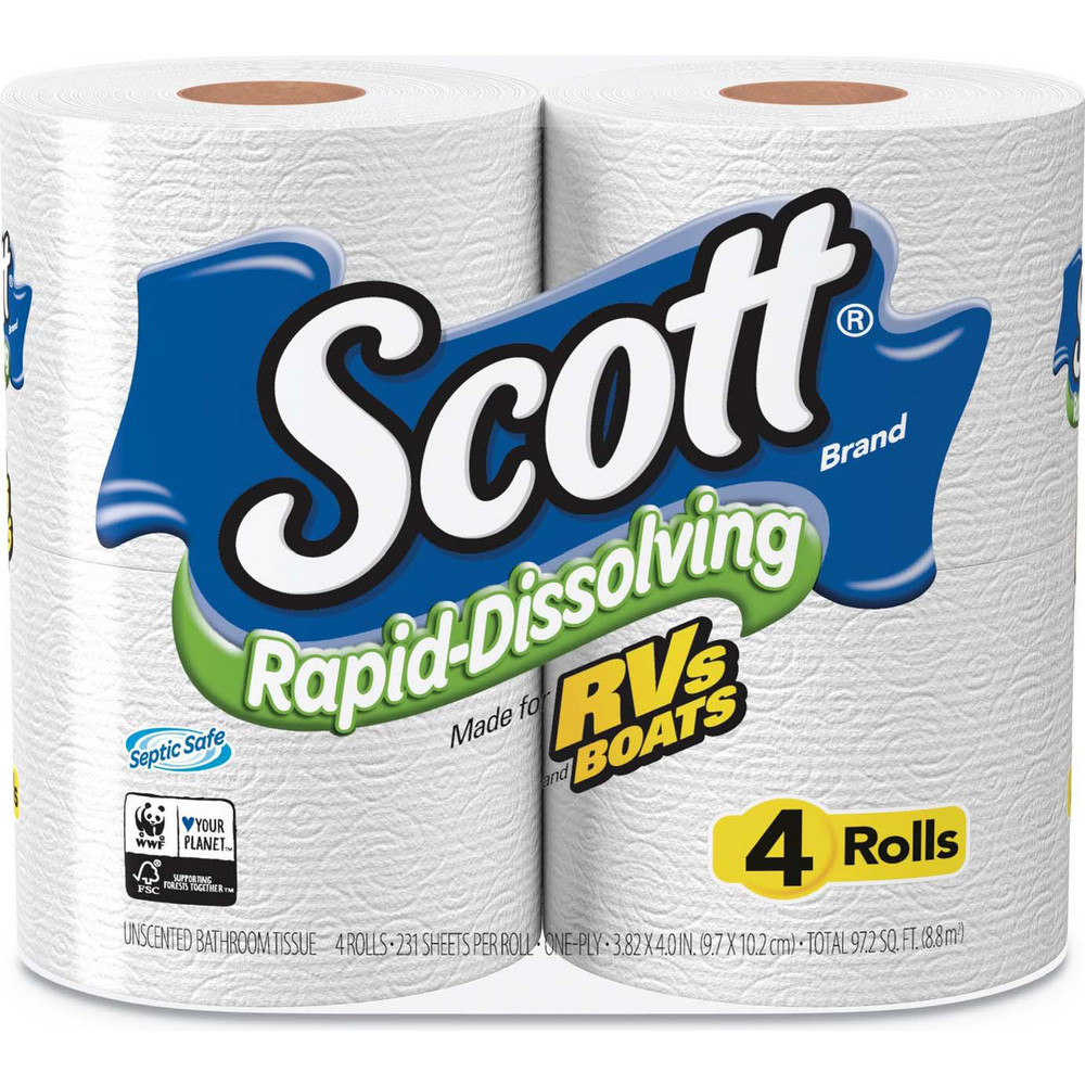 Scott Rapid-Dissolving Toilet Paper, Bath Tissue, Septic Safe, 1-Ply, White, 231 Sheets/Roll, 4/Rolls/Pack, 12 Packs/Carton - KCM47617
