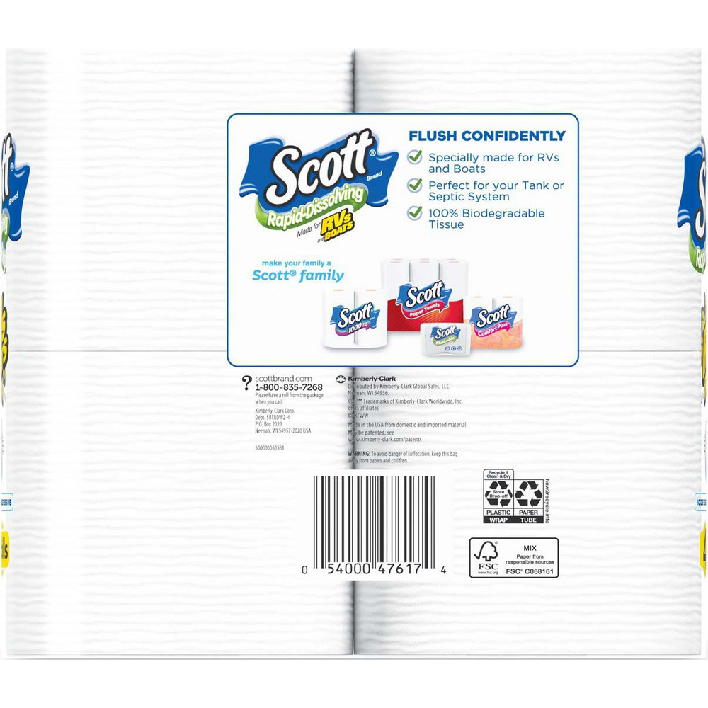 Scott Rapid-Dissolving Toilet Paper, Bath Tissue, Septic Safe, 1-Ply, White, 231 Sheets/Roll, 4/Rolls/Pack, 12 Packs/Carton - KCM47617