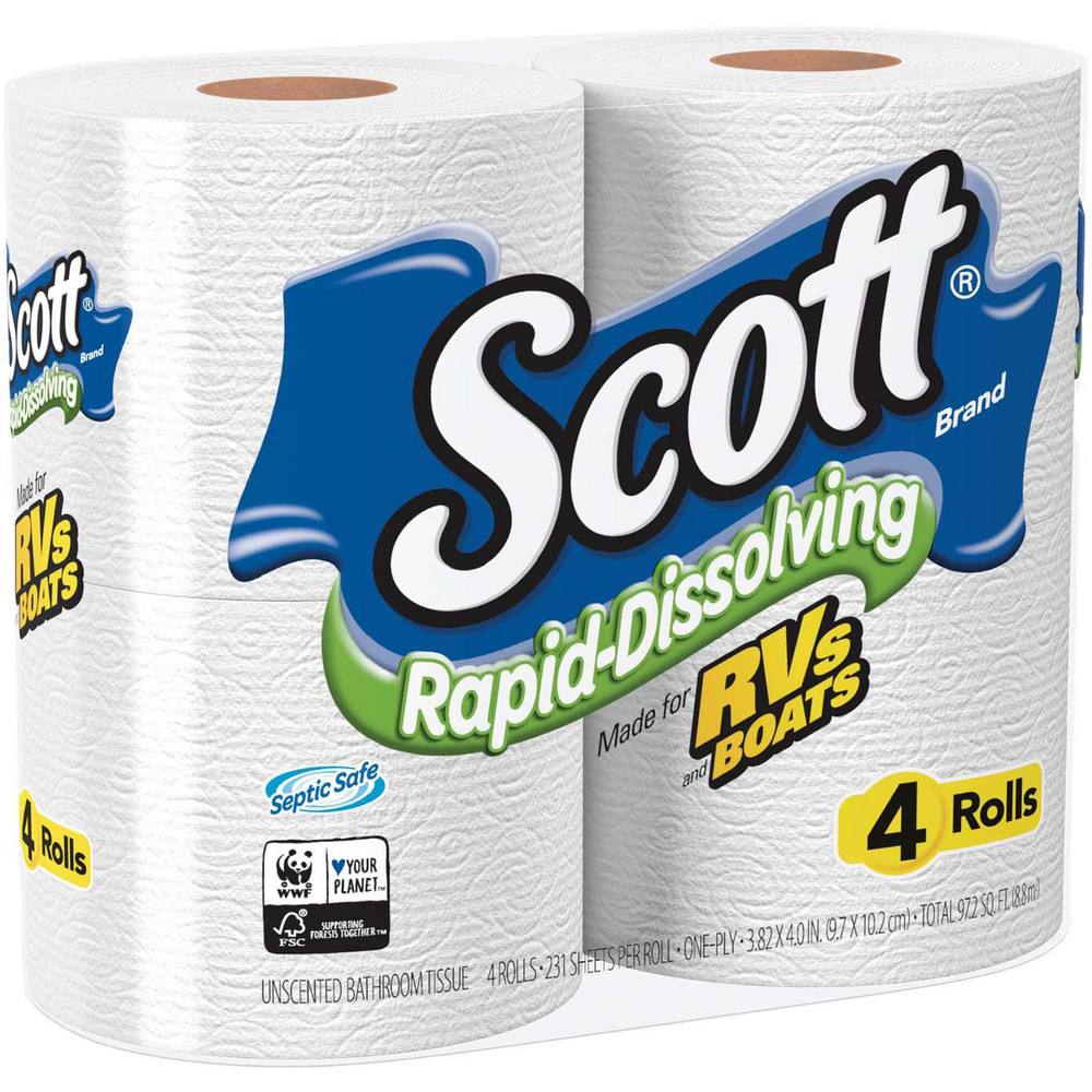 Scott Rapid-Dissolving Toilet Paper, Bath Tissue, Septic Safe, 1-Ply, White, 231 Sheets/Roll, 4/Rolls/Pack, 12 Packs/Carton - KCM47617
