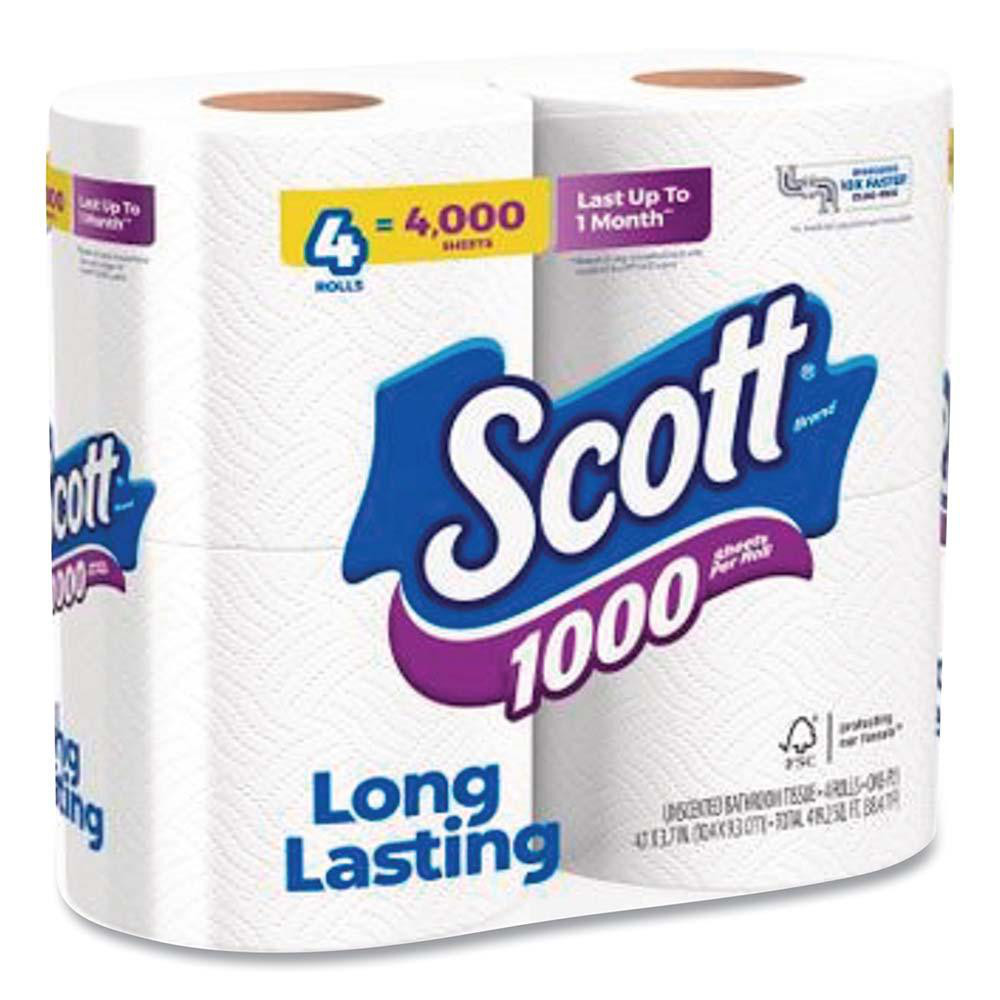 Scott 1000 Bathroom Tissue, Septic Safe, 1-Ply, White, 1,000 Sheets/Roll, 4 Rolls/Pack, 12 Packs/Carton - KCM10183