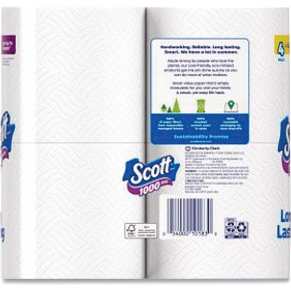 Scott 1000 Bathroom Tissue, Septic Safe, 1-Ply, White, 1,000 Sheets/Roll, 4 Rolls/Pack, 12 Packs/Carton - KCM10183