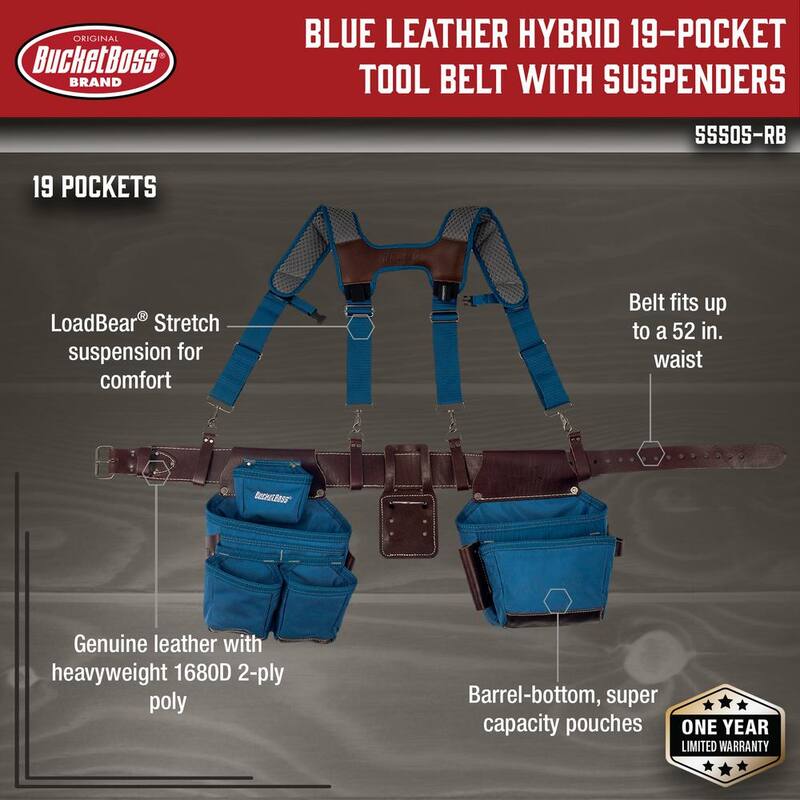 BUCKET BOSS 2-Bag Hybrid Suspension Rig Work Tool Belt with Suspenders in Blue - 55505-RB
