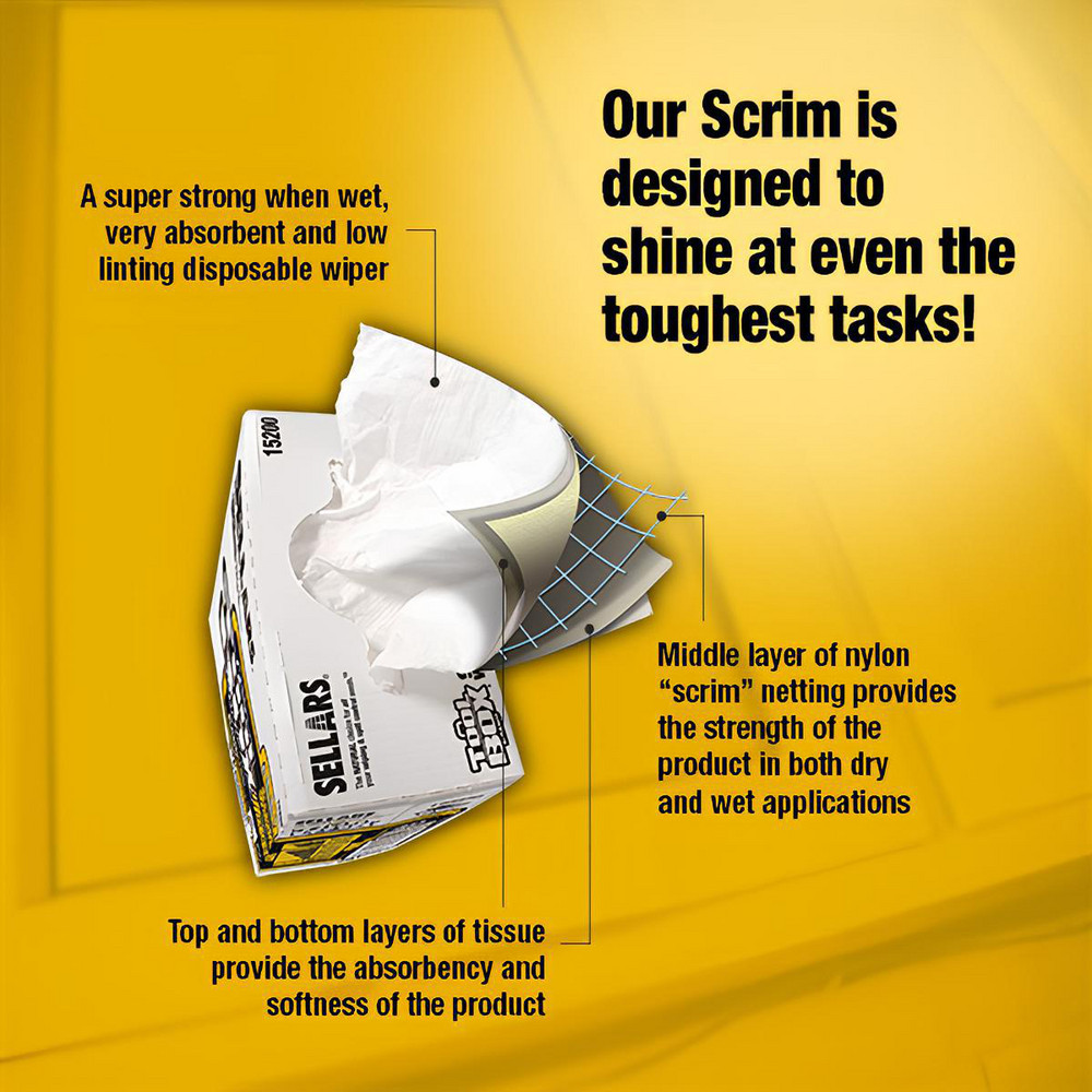 Sellars TOOLBOX SCRIM R400 Wipers: Dry, 175 Sheets/Box, Pop-Up Box, 16.5" x 9.5", White - 15200