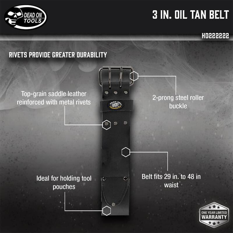 DEAD ON TOOLS 3 in. Wide Oil Tan Tool Belt in Black Saddle Leather with Double Tongue Roller Buckle - HD222222